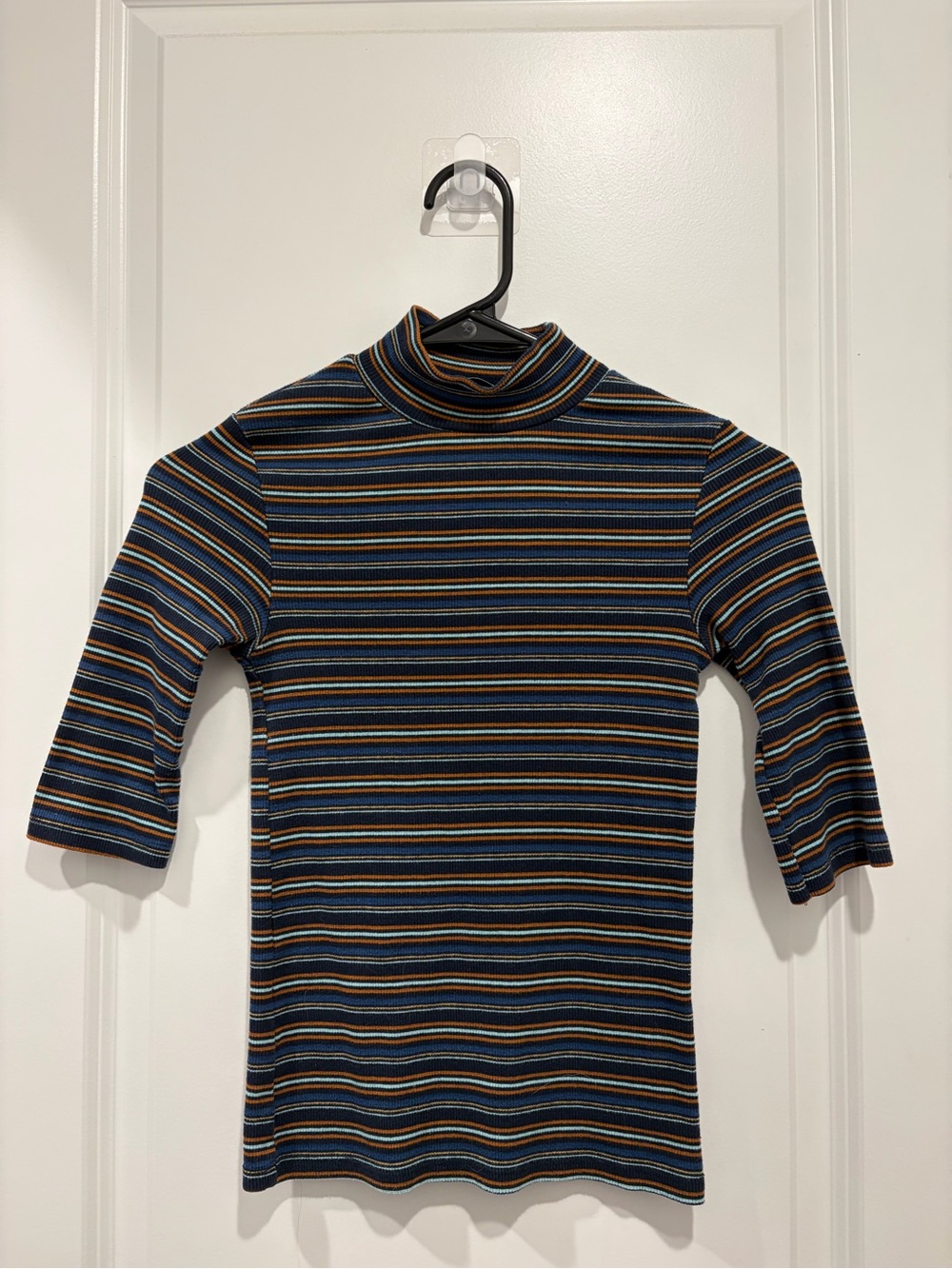 Zara Navy Striped Mock Neck Top with Multicolor Stripes